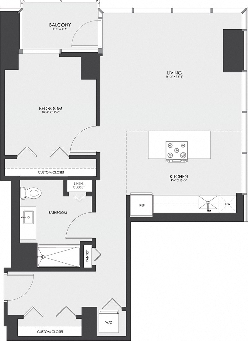 Floor plan for 1 bed, 1 bath, 804 sqft