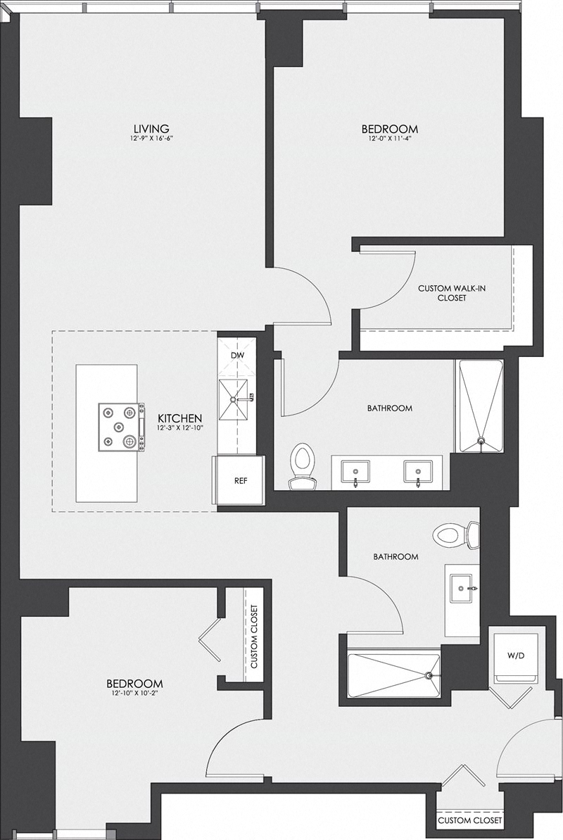 Floor plan for 2 beds, 2 baths, 1142 sqft
