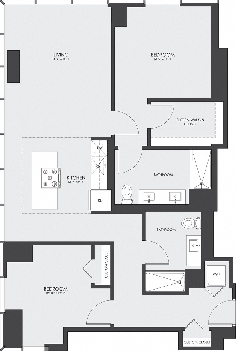 Floor plan for 2 beds, 2 baths, 1142 sqft