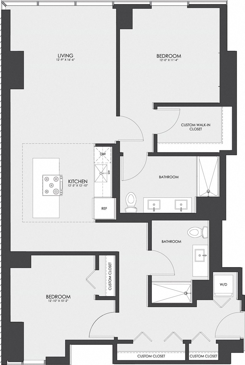 Floor plan for 2 beds, 2 baths, 1162 sqft