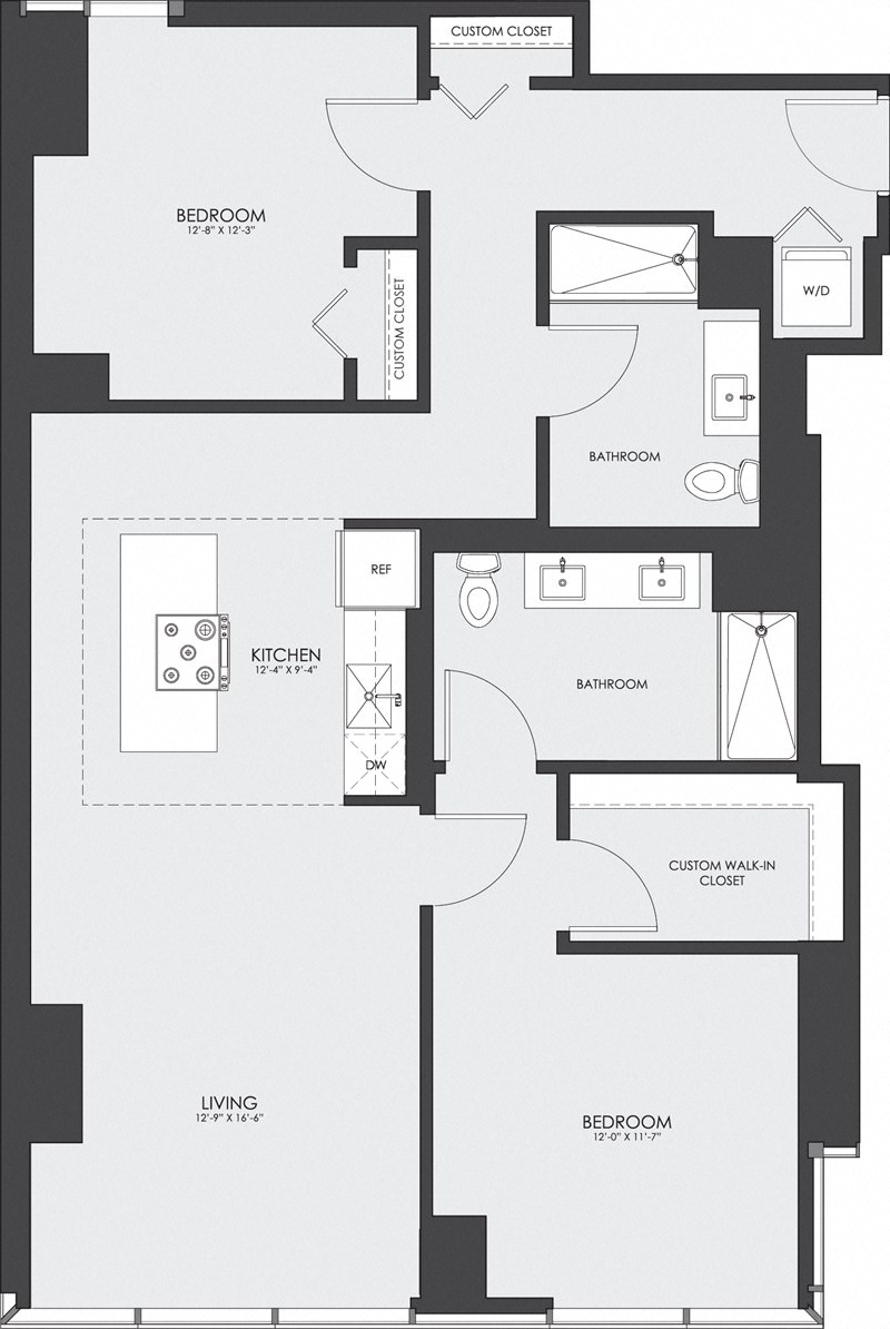 Floor plan for 2 beds, 2 baths, 1163 sqft