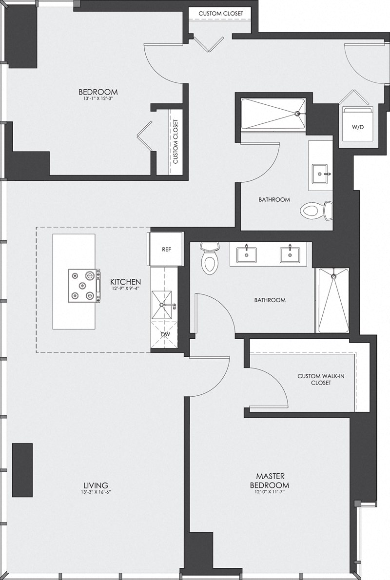 Floor plan for 2 beds, 2 baths, 1163 sqft