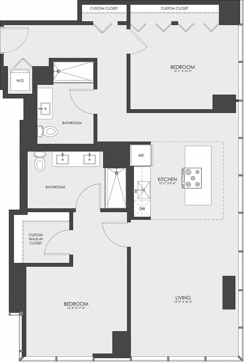 Floor plan for 2 beds, 2 baths, 1167 sqft
