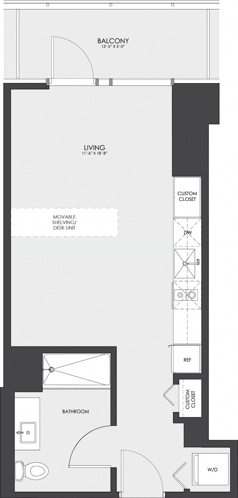 Floor plan for studio, 1 bath, 435 sqft