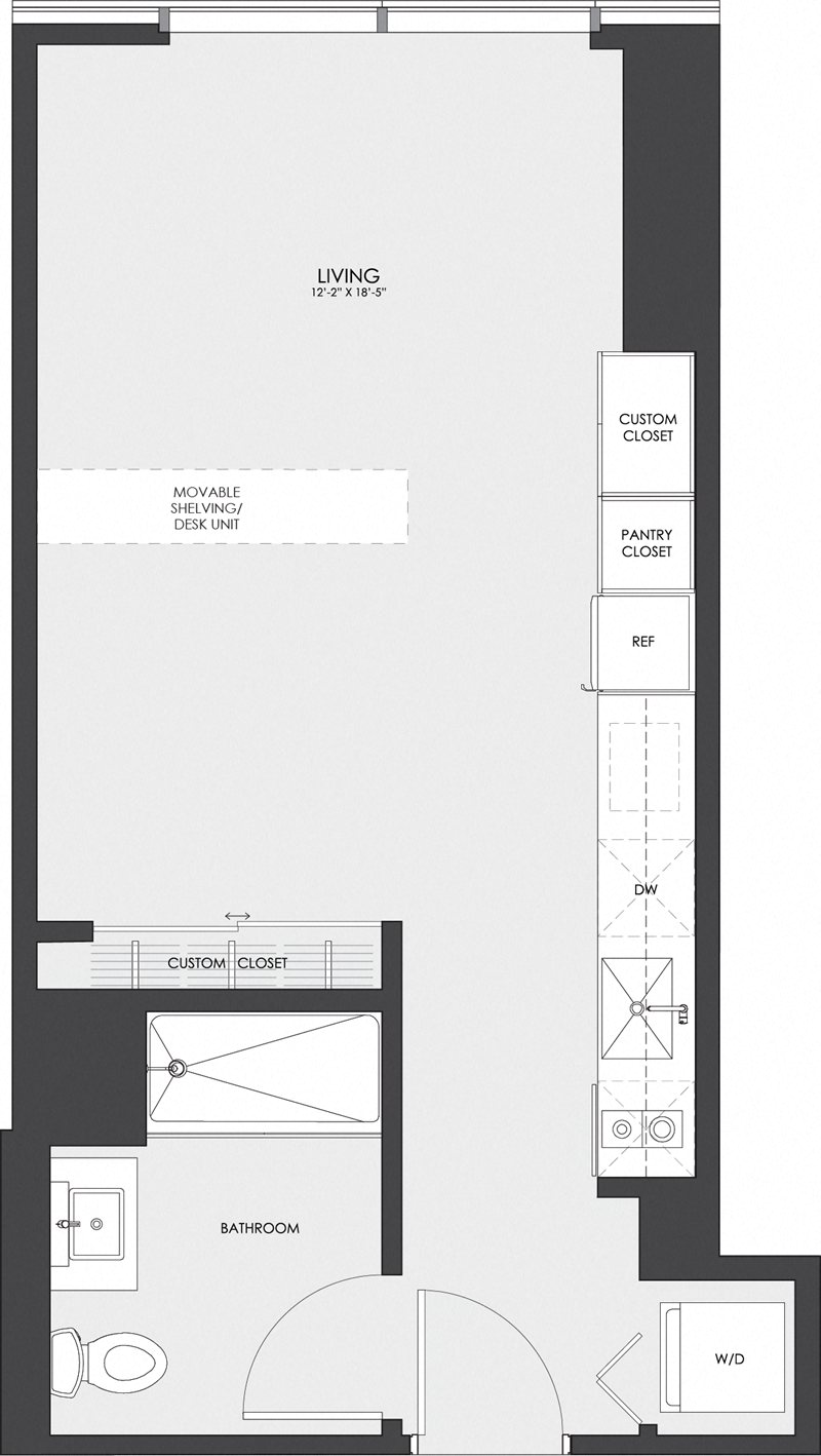 Floor plan for studio, 1 bath, 435 sqft