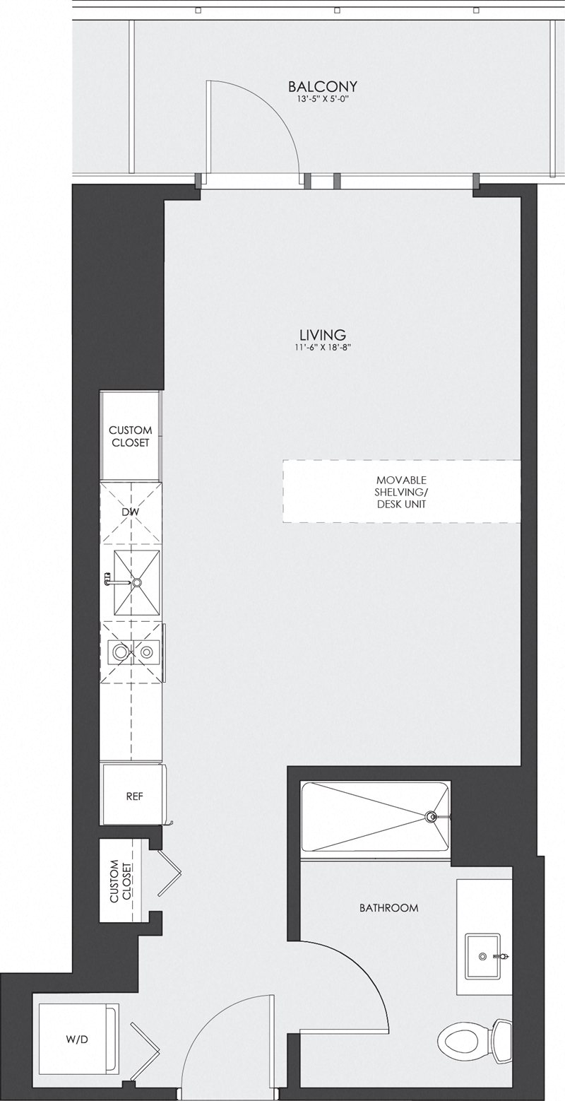 Floor plan for studio, 1 bath, 439 sqft