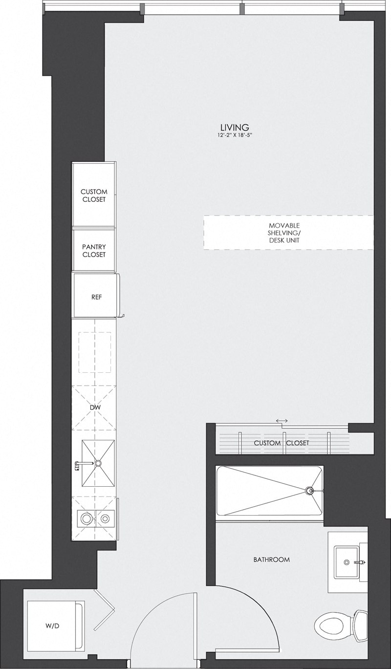 Floor plan for studio, 1 bath, 439 sqft