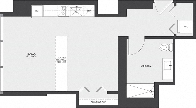 Floor plan for studio, 1 bath, 530 sqft