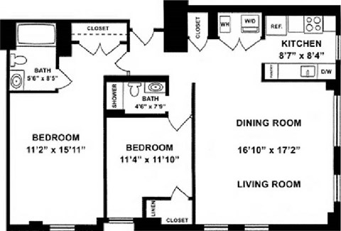 Floor plan for 1 bed, 1 bath, 1082 sqft