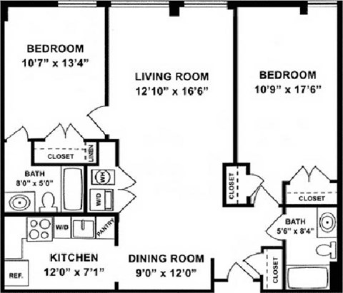 Floor plan for 1 bed, 1 bath, 1039 sqft