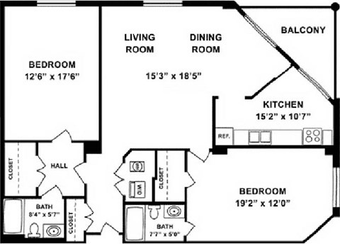 Floor plan for 2 beds, 2 baths, 1314 sqft