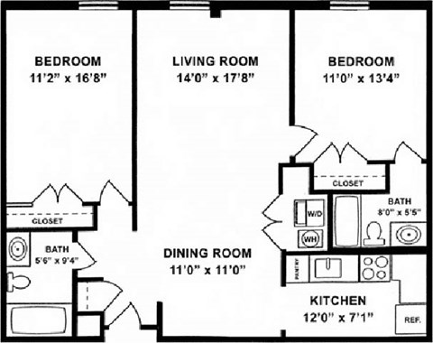 Floor plan for 2 beds, 2 baths, 1102 sqft