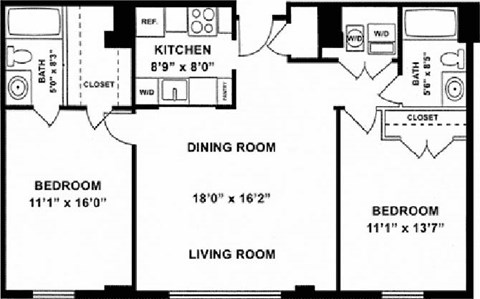 Floor plan for 2 beds, 2 baths, 1058 sqft