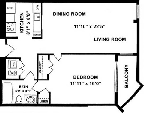 Floor plan for 1 bed, 1 bath, 732 sqft