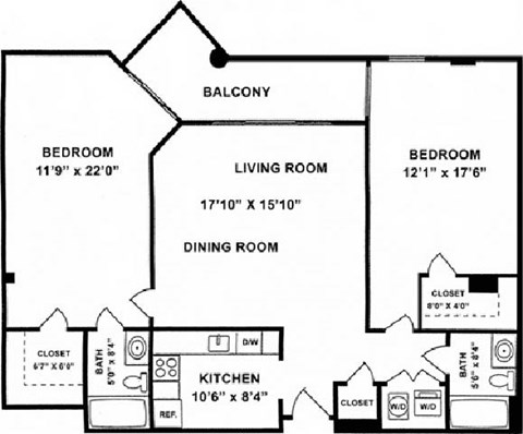 Floor plan for 2 beds, 2 baths, 1228 sqft