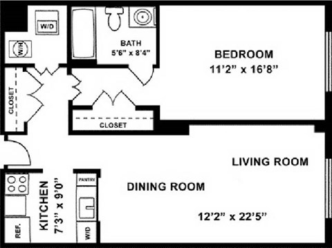 Floor plan for 1 bed, 1 bath, 784 sqft