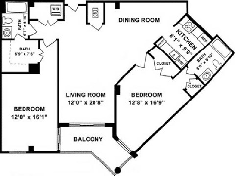 Floor plan for 2 beds, 2 baths, 1252 sqft
