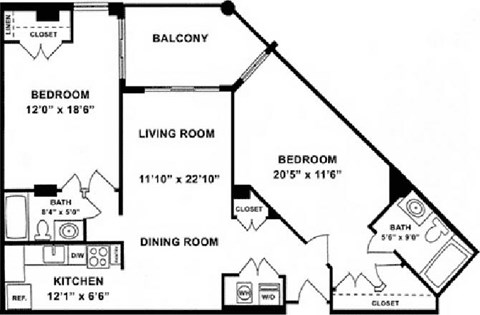 Floor plan for 2 beds, 2 baths, 1129 sqft