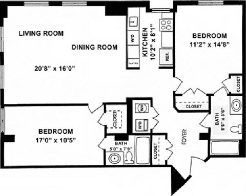 Floor plan for 2 beds, 2 baths, 1146 sqft