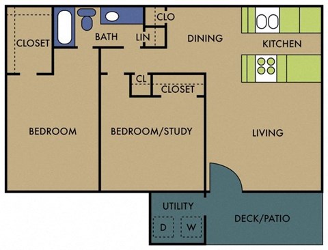 Floor plan for 2 beds, 1 bath, 904 sqft