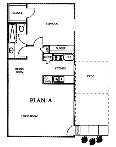 Floor plan for 1 bed, 1 bath, 853 sqft