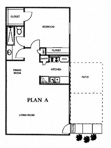 Floor plan for 1 bed, 1 bath, 700 sqft