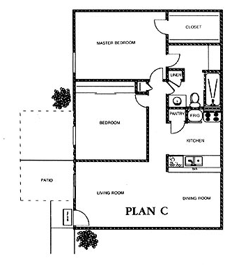 Floor plan for 2 beds, 1 bath, 917 sqft