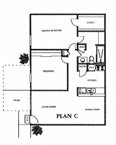 Floor plan for 2 beds, 1 bath, 914 sqft
