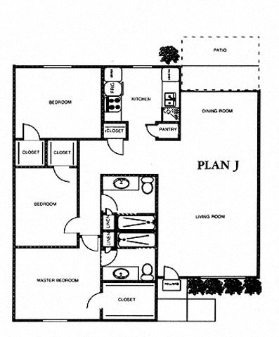 Floor plan for 3 beds, 2 baths, 1287 sqft