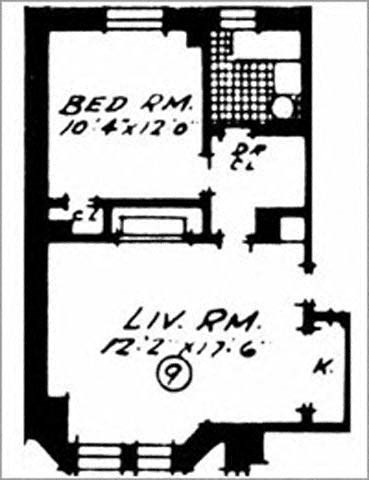 Floor plan for 1 bed, 1 bath, 725 sqft