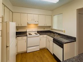 Dallas apartment for rent - a kitchen with white appliances and granite counter tops