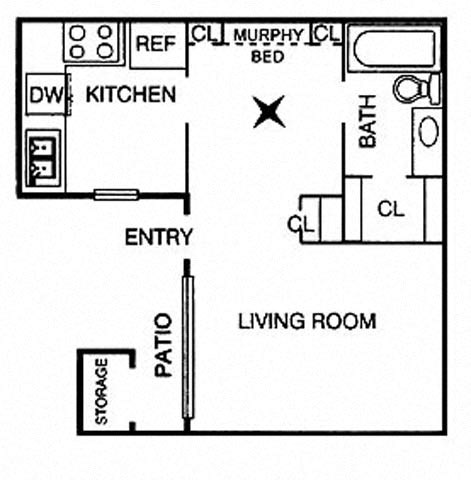 Floor plan for studio, 1 bath, 486 sqft