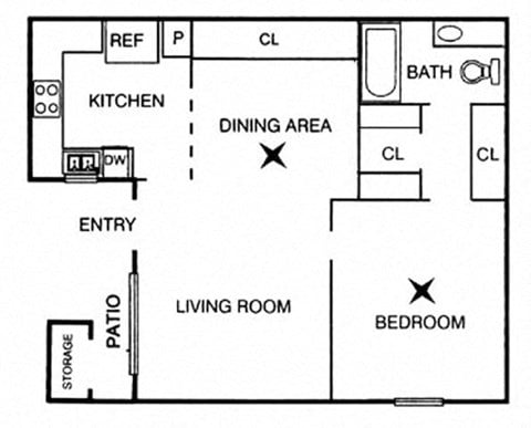 Floor plan for 1 bed, 1 bath, 660 sqft
