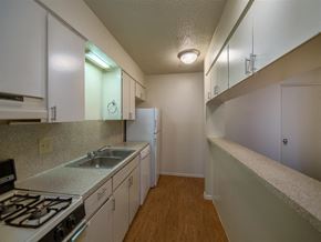 Austin apartment for rent - a kitchen with a stove and a sink and a refrigerator