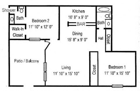 Floor plan for 2 beds, 2 baths, 916 sqft