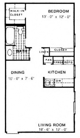 Floor plan for 1 bed, 1 bath, 700 sqft