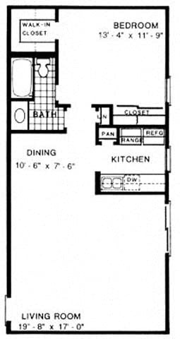 Floor plan for 1 bed, 1 bath, 787 sqft