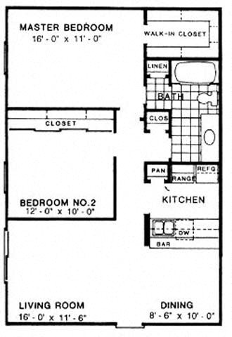 Floor plan for 2 beds, 1 bath, 909 sqft