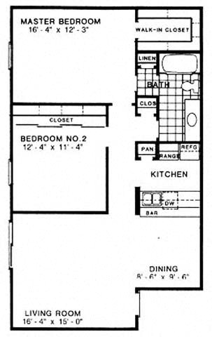 Floor plan for 2 beds, 1 bath, 992 sqft