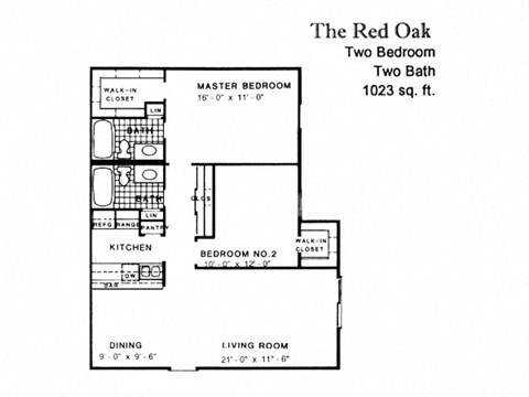 Floor plan for 2 beds, 2 baths, 1023 sqft