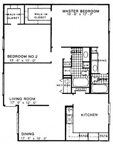 Floor plan for 2 beds, 2 baths, 1263 sqft