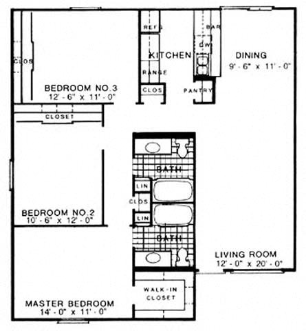 Floor plan for 3 beds, 2 baths, 1255 sqft