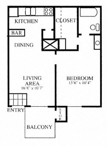Floor plan for 1 bed, 1 bath, 550 sqft