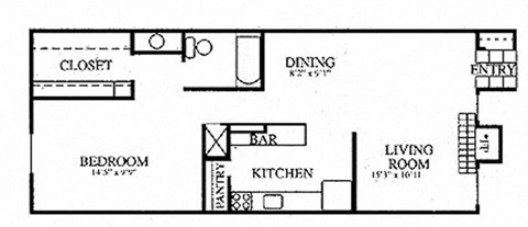 Floor plan for 1 bed, 1 bath, 660 sqft