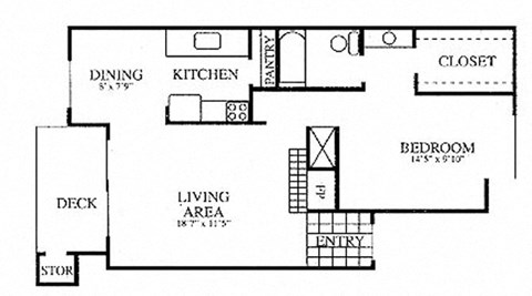 Floor plan for 1 bed, 1 bath, 675 sqft