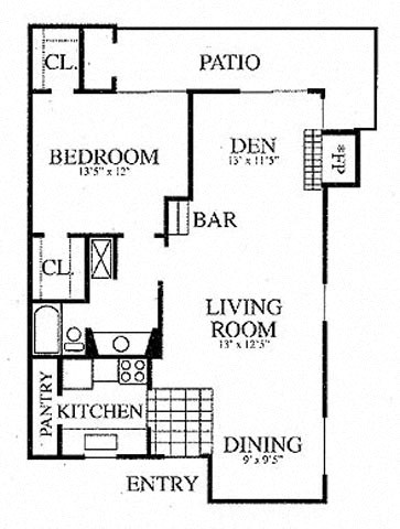 Floor plan for 1 bed, 1 bath, 925 sqft