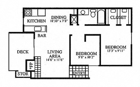 Floor plan for 2 beds, 1 bath, 750 sqft