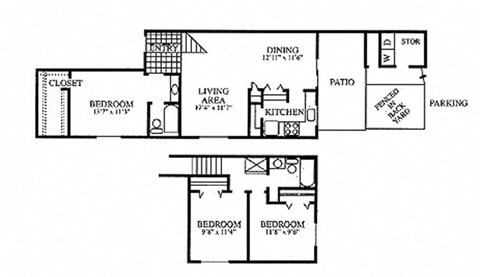 Floor plan for 3 beds, 2 baths, 1250 sqft