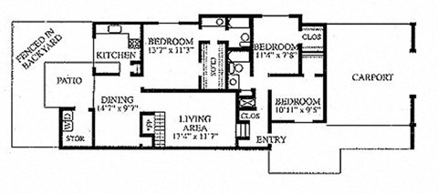 Floor plan for 3 beds, 2 baths, 1300 sqft