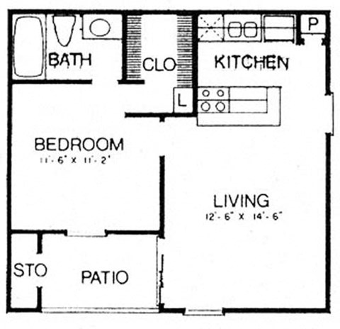 Floor plan for 1 bed, 1 bath, 508 sqft